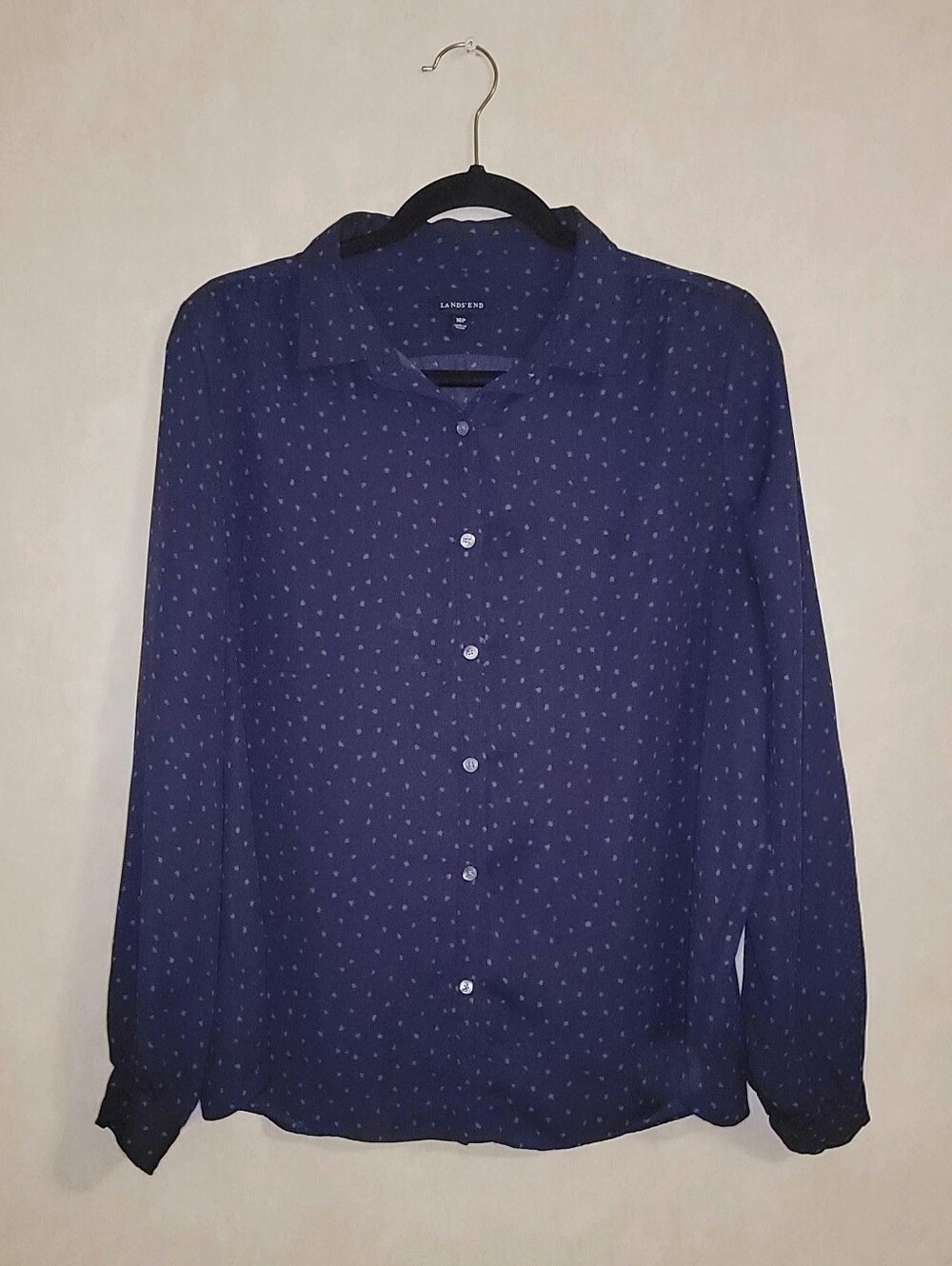 Lands' End Navy Blue Polka Dot Button-Down Shirt
